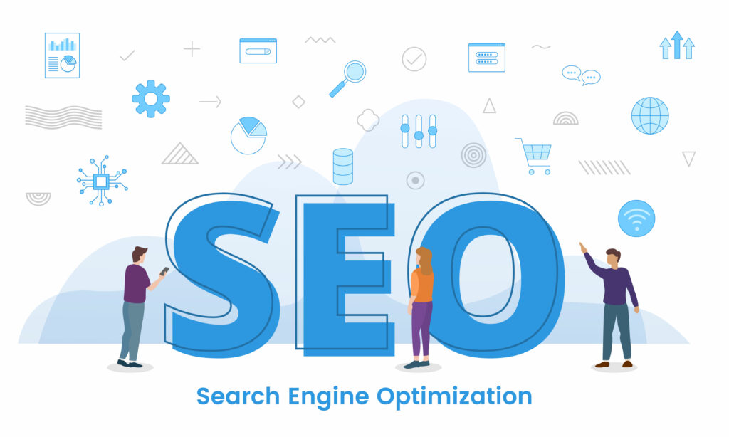 seo search engine optimization concept with big words and people surrounded by related icon with blue color style vector illustration
