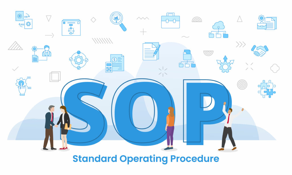 sop standard operating procedure concept with big words and people surrounded by related icon spreading vector illustration